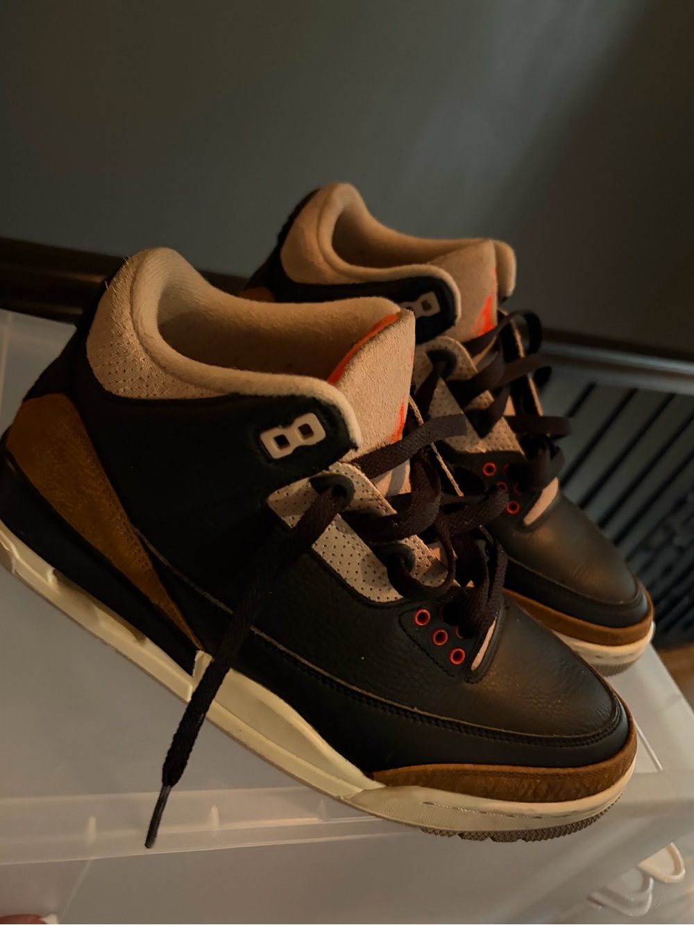 Jordan Men's Black, Brown and Cream Retro Sneakers with Orange Accents